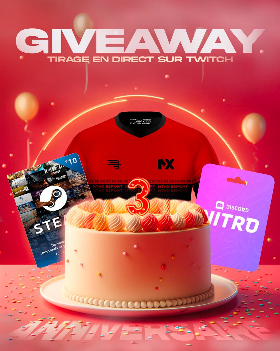 NTHX_Esport's tweet photo. Pour un anniversaire vaut mieux avoir des cadeaux !

A gagner :
- 3 discord nitro
- 1 carte cadeau steam 10€
- 1 maillot NTHX
- 1 tirage pour la roue de la chance

Pour participer :
RT
Follow
Like

T.A.S sur notre chaîne Twitch samedi 10 février à 22h !

#giveaway | #nthx4ever https://t.co/irMY0CED9J