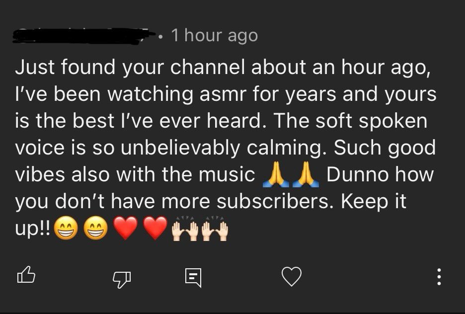 I’m awful at self-promo so growing on YouTube is really slow going. Sometimes I wonder whether I should just stop. &amp; then sometimes I’ll get a comment that makes me want to keep going. If you do enjoy content that tiny creators put out, do tell them; this meant the world to me.
