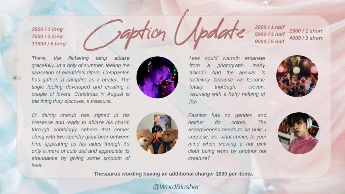 kaeufn's tweet photo. Magical unfurl in an appealing array of phrasesㅡ divulged a sheer of sentences through shape of biography, caption upchar, customised wording, and pinned. Let yourself sense an idyllic cerise with @WordBlusher’s aids. 🤍

{#zonauang #zonaba} https://t.co/EFU87jLJwZ