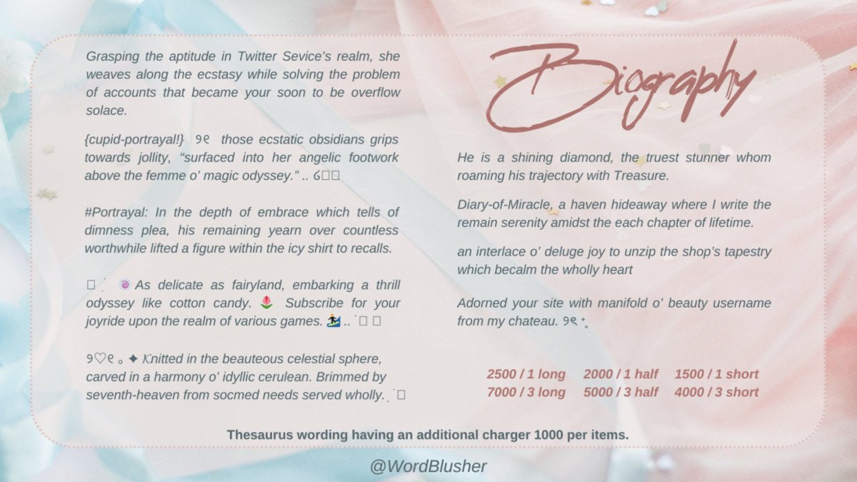 kaeufn's tweet photo. Magical unfurl in an appealing array of phrasesㅡ divulged a sheer of sentences through shape of biography, caption upchar, customised wording, and pinned. Let yourself sense an idyllic cerise with @WordBlusher’s aids. 🤍

{#zonauang #zonaba} https://t.co/EFU87jLJwZ