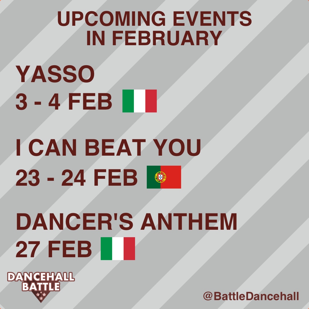 BattleDancehall's tweet photo. It will be a busy month of February! There are battles at 3 events in 2 different countries 🌍 Where are you going? #dancehallbattle https://t.co/siW8PPxZBL