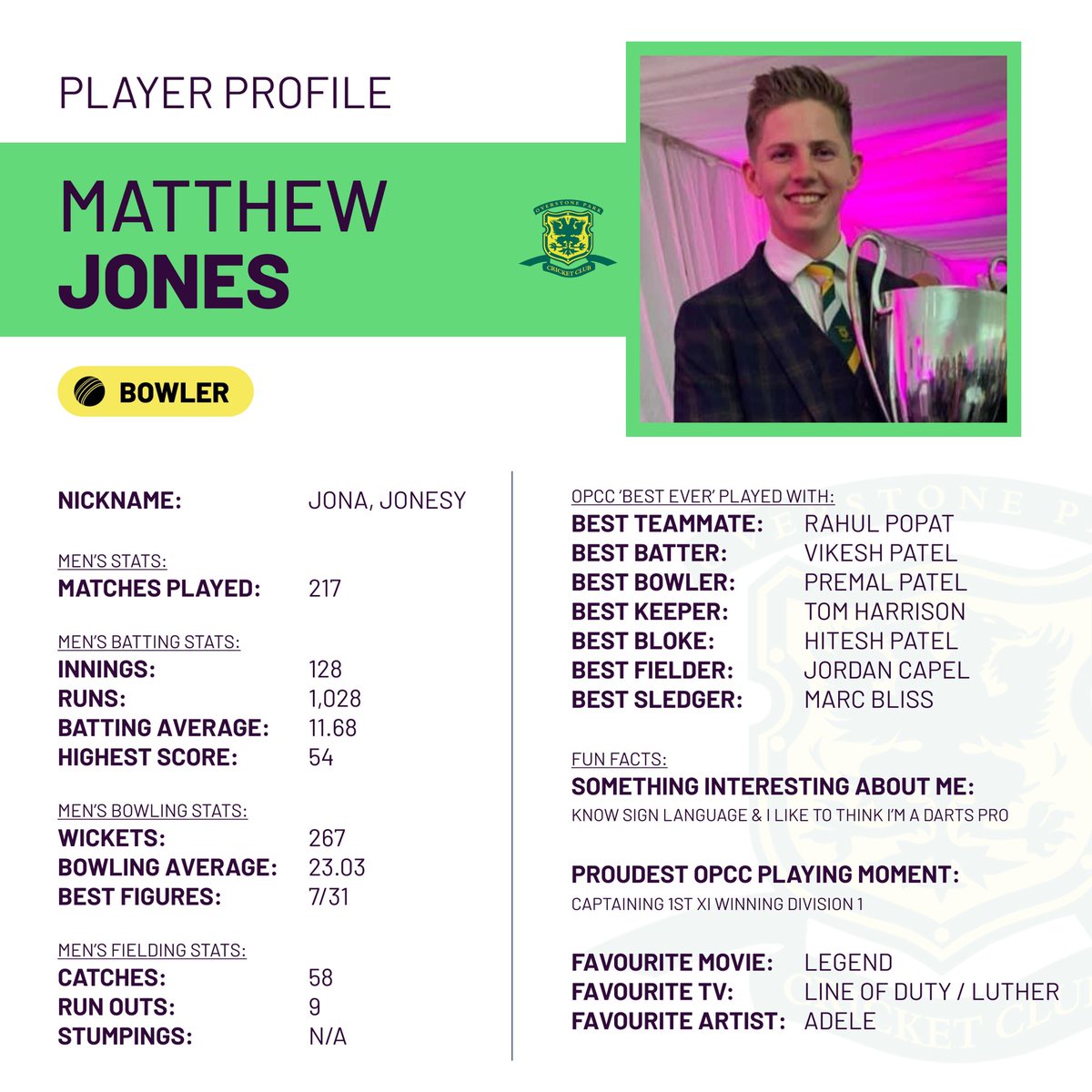 Overstoneparkcc's tweet photo. Day 15! @Matthew_Jones18 
Can you guess his favourite Adele song?
#playerprofiles https://t.co/rlM1PmefUv
