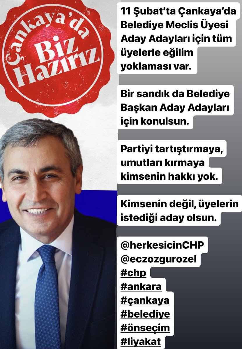 11 Şubat’ta Çankaya’da Belediye Meclis Üyesi Aday Adayları için tüm üyelerle eğilim yoklaması var.

Bir sandık da Belediye Başkan Aday Adayları için konulsun.

Partiyi tartıştırmaya, umutları kırmaya kimsenin hakkı yok.

Kimsenin değil, üyelerin istediği aday olsun.