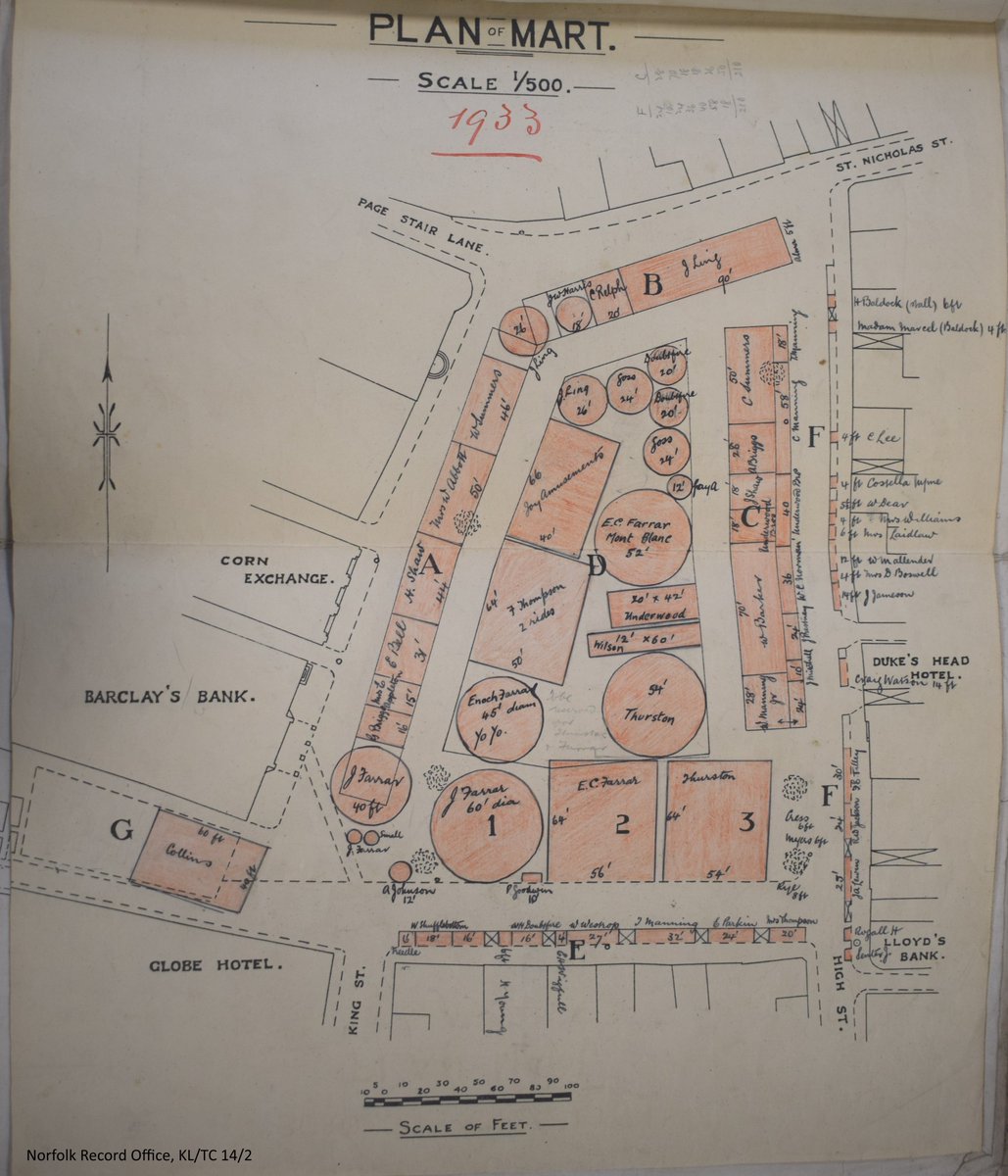 This plan shows how spaces were allocated for the Mart of 1933. Each plot gives the name of the displayer and the size of the area they have to set their rides up @NorfolkRO