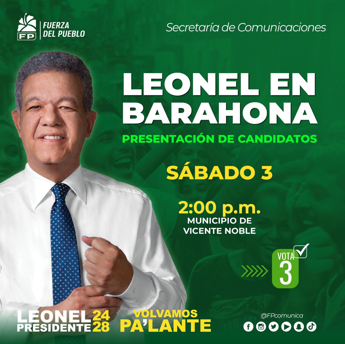 keylaReyna04's tweet photo. Acompaña al próximo presidente de la República Dominicana el Dr. Leonel Fernández junto a los candidatos de la Fuerza del Pueblo. 

Su visión y compromiso con el país lo caracteriza.

Sábado:

📍Provincia Peravia 
📍Provincia de Azua 
📍Provincia Bahoruco 
📍Provincia Barahona 

 Domingo:

📍Provincia San Cristóbal 

#FuerzaDelPueblo
#LeonelFernández
#VolvamosPaLante
#CaravanaFP
#CandidatosFP
#ComitéDeCampañaFP