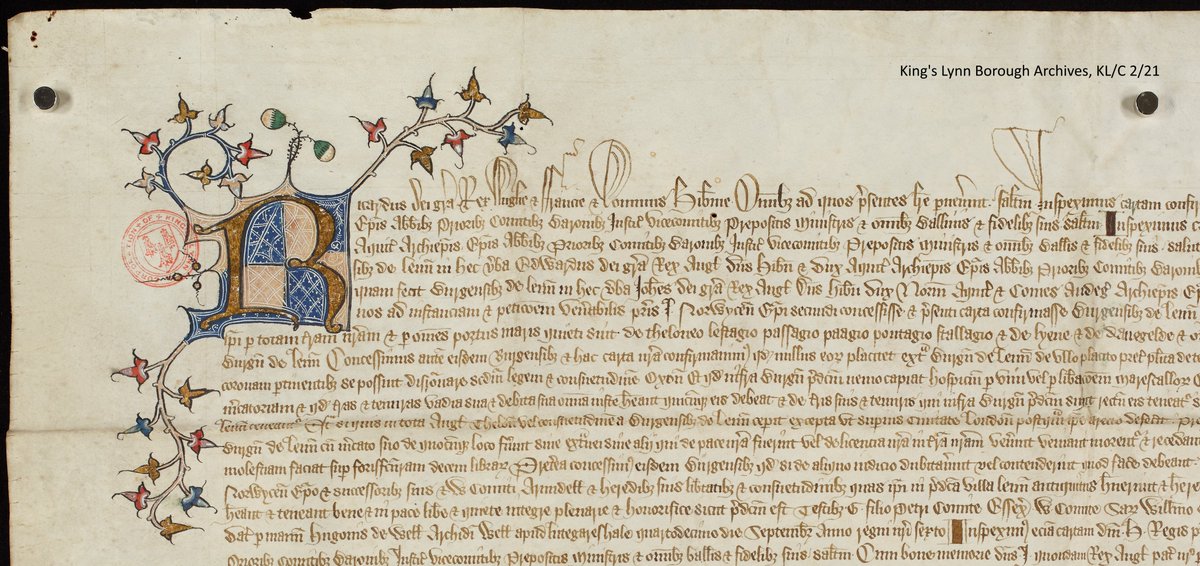 This finely illuminated R is seen on the 1378 Letters Patent from Richard II. It is an inspeximus of earlier charters, confirming the rights and privileges granted by previous monarchs @NorfolkRO