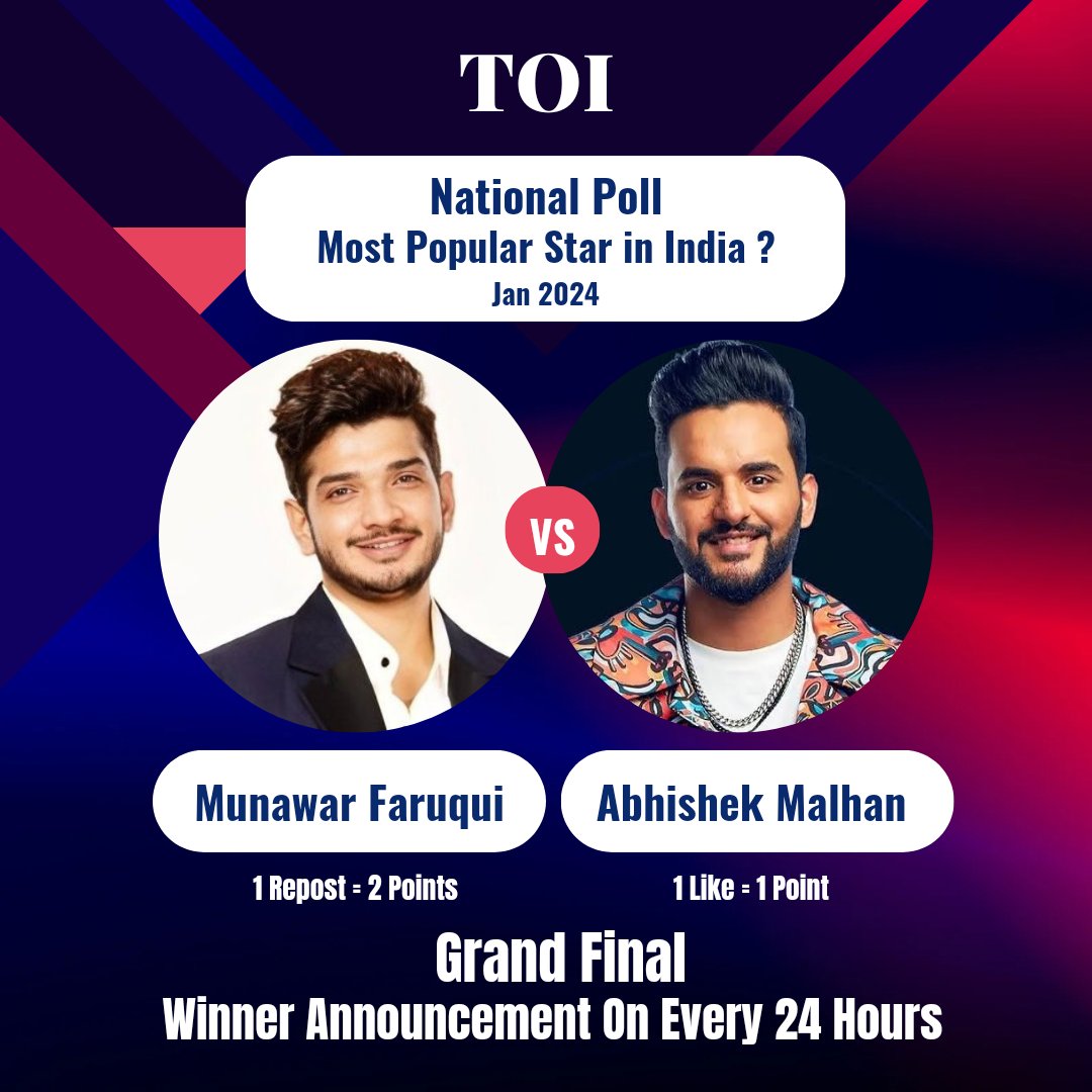 AndhraTalkie's tweet photo. Most Popular Celebrity in India? 
       🔥 Grand Finale 🔥

Winner Goes to Qualifiers 🏆🏆🏆 

1 Repost = 2 Points
1 Like = 1 Point 

🔁 #MunawarFaruqui 
♥️ #AbhishekMalhan https://t.co/WvQY5N7MNH