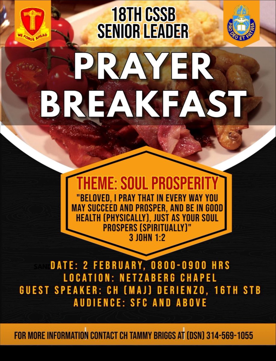 Girlchaplain's tweet photo. Yesterday, I hosted a Senior Leader Prayer Breakfast for SFC and Above. My Garrison and Brigade Chaplains help facilitate the program.  We talked about having a healthy soul and good soul care (3 John 1:2). They said they NEEDED this! #Bavaria @usarmychaplain @USArmy https://t.co/Ca1bCsZ0Lf
