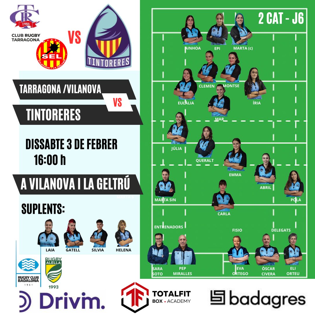 RugbyBadalona's tweet photo. XV inicial del sènior femení Tintoreres 🦈 per Avui davant @RugbyTarragona @Selvng 

Sort i encert noies 🔥💯🏉
@rugby_cat @ferugby 
@AjBadalona 
@DiarideBadalona 
@bdncom 
@EsportFemBDN 
@EsportsDiba https://t.co/Tz1GQgQHWk