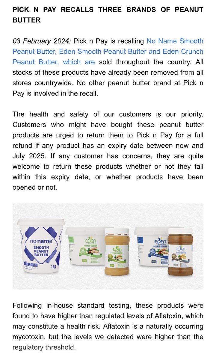 wendyknowler's tweet photo. PnP peanut butter recall.
“We’re asking our customers to please check their pantries and food cupboards and make sure to return the products concerned to any Pick n Pay store for a full refund.” https://t.co/piOHZfN0ne