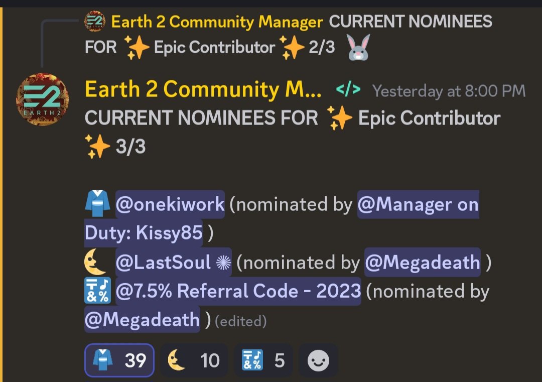 onekiwork's tweet photo. hello.  This is Earth 2 user onekiwork.

It has now been over two years and two months since I started playing Earth 2.  I really thought about Earth 2 with all my passion during this time, understood it, studied it, invested in it, failed, got back up and focused... I think that's all.  I don't know how time passed.

Recently, I sent a private message to my Twitter (X) friends asking them to vote for the 'Epic Contributor role', but after thinking about it today, I decided that it was a wrong move.  I would like to apologize if this message caused you any inconvenience.  We would like to inform you that we will not engage in such actions in the future.

 https://t.co/ZZEzPTH4QZ

Many people supported me, so I received 39 votes.  It was such a good memory for me, and I am happy, satisfied, and grateful.  I hope that someone who is so great that they cannot be compared to me will be selected.

thank you

안녕하세요. 어스 2 유저 onekiwork입니다.

제가 어스 2를 시작한 지 이제 2년하고 2개월이 넘었습니다. 정말 이 시간 동안 온 열정을 다해 어스 2를 생각하고, 이해하고, 공부하고, 투자하고, 실패하고, 다시 일어나서 집중하고... 모 그랬던 것 같습니다. 시간이 어떻게 지나갔는지 모르겠네요.

최근에 'Epic Contributor role' 투표를 해달라고 제 X 친구들에게 개인 쪽지를 보내 드렸는데, 오늘 제 자신을 돌이켜 생각을 해보니 잘못된 행동이라고 판단했습니다. 혹시 이 쪽지로 인해 불편하셨다면 죄송하다는 말씀을 올립니다. 앞으로는 이러한 행동은 하지 않을 것임을 ���려 드립니다.

https://t.co/ZZEzPTH4QZ

많은 분들이 저를 지지해 주셔서 39표를 받게 되었습니다. 저에게는 너무나 좋은 추억이었으며, 이것으로도 충분히 행복하고, 만족하고, 감사합니다. 저랑 비교도 안 될 정도로 훌륭하신 분이 꼭 선정되셨으면 좋겠습니다.

감사합니다.