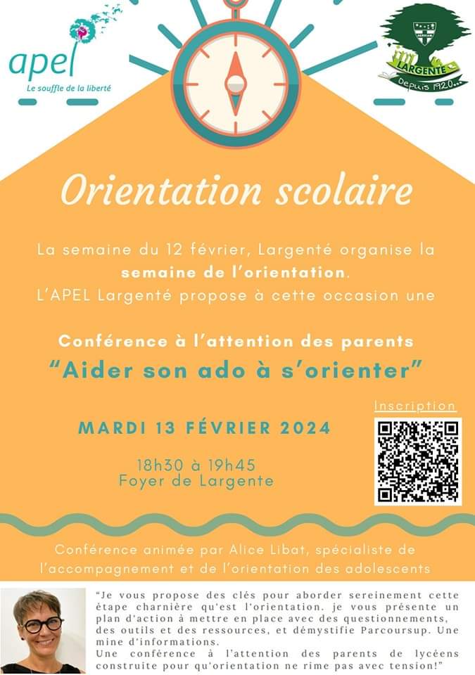 Conférence à l'attention des parents de 3eme et du lycée. Merci à l'APEL Largentė pour cette initiative.