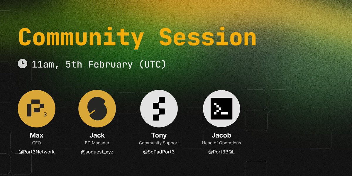 🎙Meet #Port3 and its product matrix 

📅 11am, 5th February (UTC)

👤 Host  &amp; Guests
<a href="/Port3Network/">Port3 Network</a>, Max, CEO
<a href="/soquest_xyz/">SoQuest</a>, Jack, BD Manager
@SoPadPort3, Tony, Community Support
@Port3BQL, Jacob, Head of Operations

Topics will be covered:
📌#SoPad&amp;launchpad 
📌CNY campaign