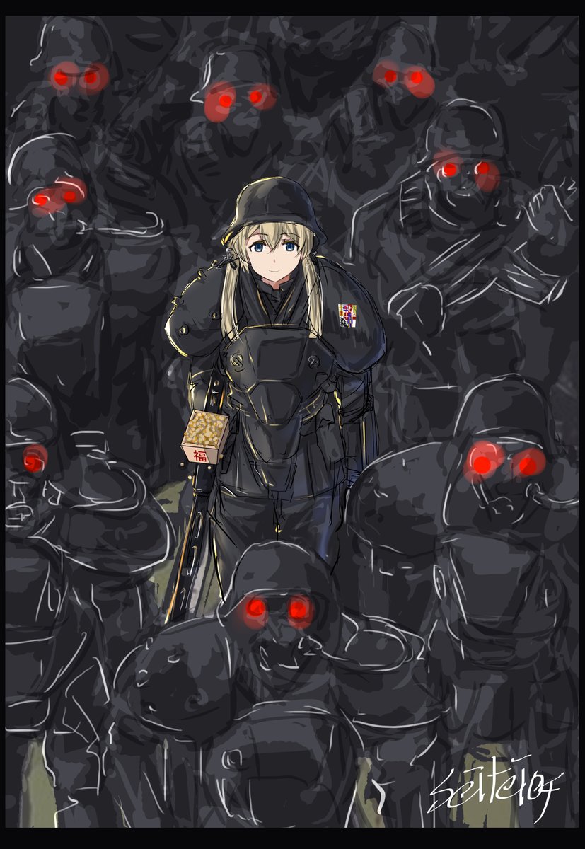 prinz eugen (kancolle) 1girl blonde hair weapon helmet armor blue eyes black border  illustration images