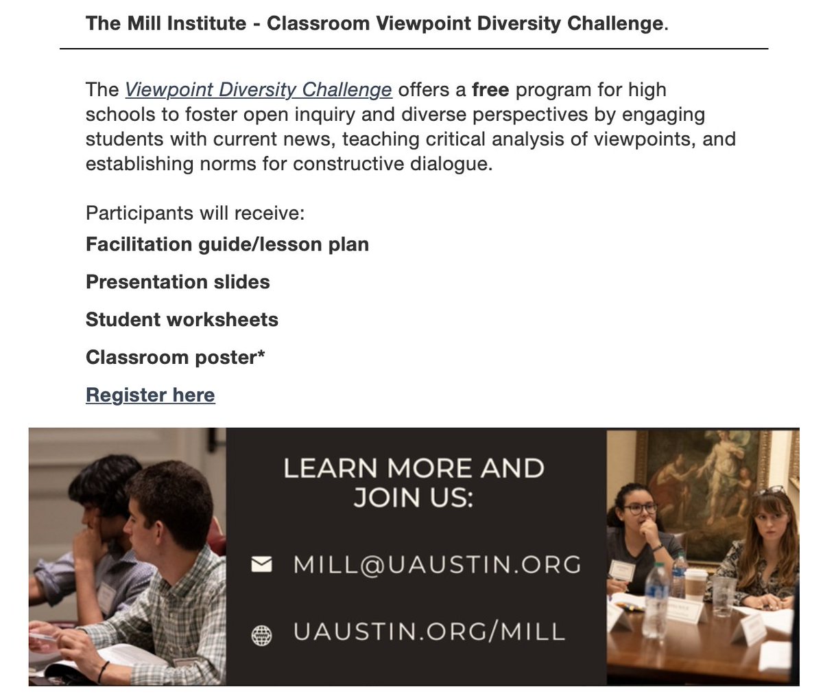 The Mill Institute (@millatuatx) is offering the Classroom Viewpoint Diversity Challenge as a *FREE* program for high schools to foster productive disagreement. 6n9a5cu8k1u.typeform.com/vdc2-0?typefor…