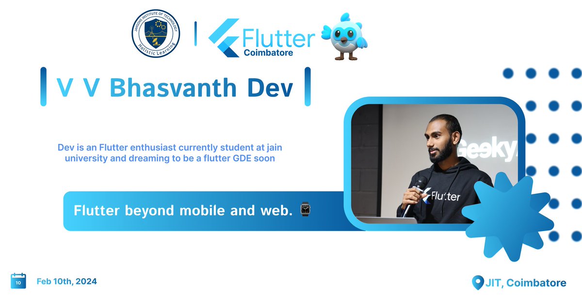 Pace yourself cause flutter coimbatore is back with an amazing event with our very first speaker <a href="/DevBhasvanth/">Bhasvanth dev</a> 🩵.

Dev is a flutter enthusiast and is currently a student at Jain University.

RSVP now
forms.gle/v6xSG6jTsrnFCk…

#FlutterCbe #jitcbe <a href="/anelvro/">Anel Rodríguez</a> <a href="/nlycskn/">Nilay Coskun</a> <a href="/Nikkitagandhi/">Nikita Gandhi</a>