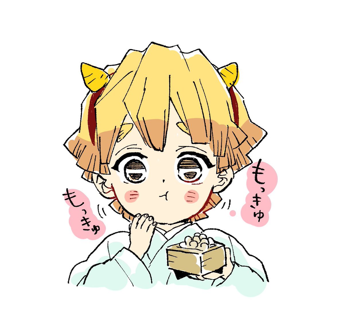 agatsuma zenitsu 1boy male focus blonde hair setsubun solo eating japanese clothes  illustration images