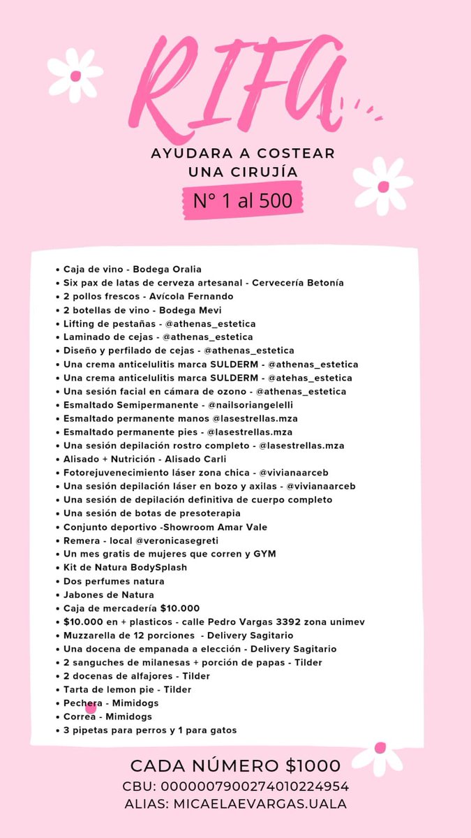 Hola! Cómo están? Mi amiga Mica Vargas está haciendo un sorteo para poder costear una operación que necesita su mamá. Les dejo el link de los números que quedan y la lista de premios. Su Instagram (micae_vargas) y su wpp (2616175758 ). Si pueden compartir, se les agradece 🫶🏻