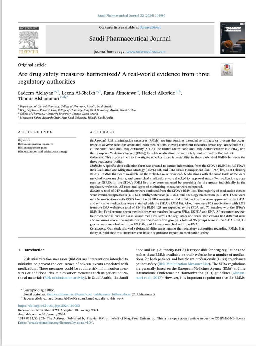 SadeemAlelayan's tweet photo. الحمدلله من قبل ومن بعد، تم نشر بحثنا بعنوان
“ Are drug safety measures harmonized? A real-world evidence from three regulatory authorities “

البحث يهدف الى رؤية ما اذا كان هناك فروقات في نظام تقليل المخاطر الدوائية بين SFDA and USFDA and EMA.

وهو البحث الاول من نوعه، وبعض النتائج اشارت الى ان هنالك فروقات، وان توحيد الانظمة سوف يساهم في رفع السلامة الدوائية.

كل الشكر لمشرفين البحث د.ثامر الشمري @T_M_Alshammari ود.هديل القفيدي لدعمهم وإشرافهم طوال رحلة البحث 🙏 ولزميلات رحلة البحث لينا آل الشيخ و رنا المطوع ✨

Full Paper 👇

https://t.co/d2nmhVqfAV