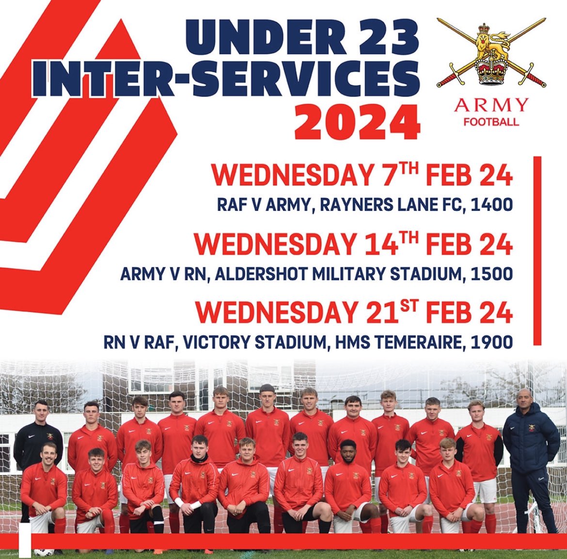 If anyone wants to watch army 23s football interservices these are the dates and KO times,

They will also be live on “Forces news” YouTube channel to watch from home! 

youtube.com/@forces_news?s…