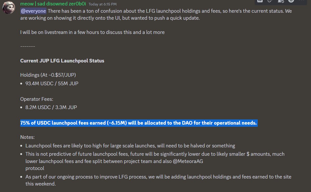 🚨 JUST IN: @weremeow, co-founder of @JupiterExchange, reveals that 75% of  fees EARNED ($USDC launchpool) will fund DAO operational needs.