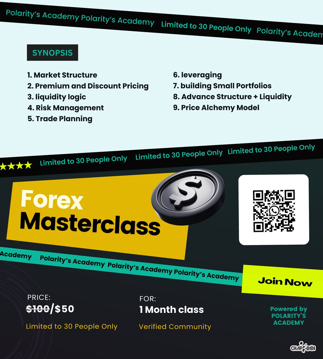 TpwithPolarity's tweet image. This is another Opportunity to Learn from The King of TP

Titled - The Voyage to Profitability⚡️

Advance classes on technical, Fundamental and Sentimental analysis of Market structure and Liquidity concept

Class Durations - 1 month intense class and Mentorship 

Venue -…