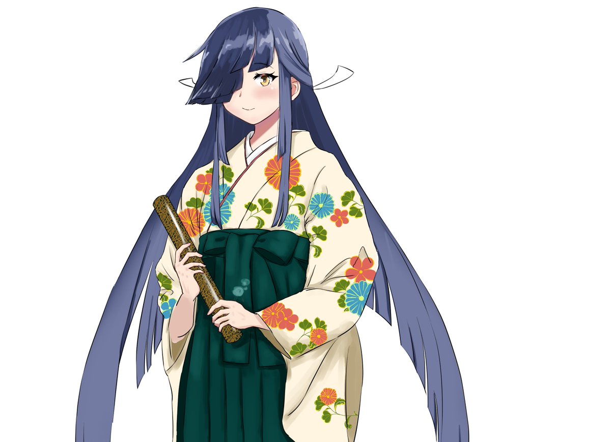 hayashimo (kancolle) 1girl solo long hair japanese clothes hair over one eye black hair white background  illustration images