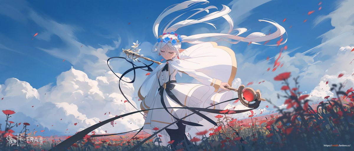 frieren 1girl solo sky long hair flower field twintails field  illustration images