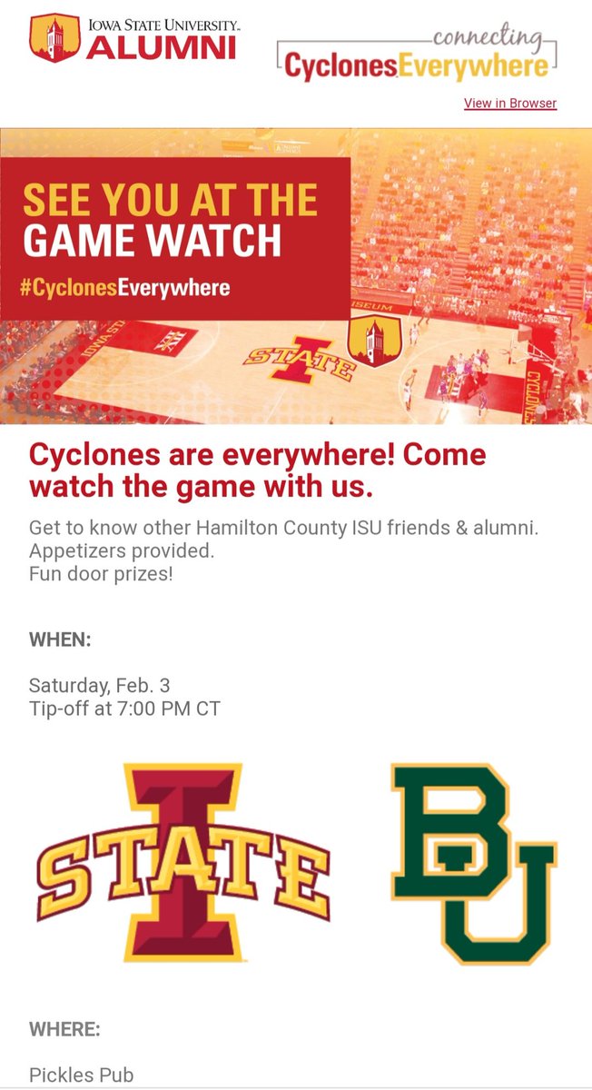 HamCoCyclones's tweet photo. 🚨🌪Gamewatch CYTE Alert🌪🚨
Get exCYted❤💛!  
📅 TODAY {Sat 2/3}
📍 PicklesPub in Kamrar
⏰ Arrive 6:45pm 
🏀 Tip-Off 7:00pm
➡️ # 1️⃣2️⃣ @CycloneMBB 🆚️
# 1️⃣8️⃣ Baylor
Details👇
https://t.co/uKk7lQpJ5f
#CyclonesEverywhere #GoState #GamewatchCYte #CardinalandBold #LoyalForeverTrue https://t.co/RdAITDpATU