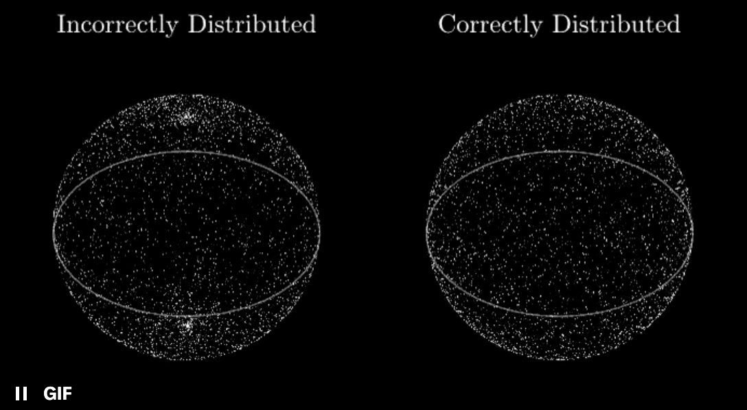 I realized I went too far when my mom mentioned a billboard about a talent show and I focused on the fact that the correct way to generate a random point on a sphere is not to pick uniform θ in [0,2π) and φ in [0,π), but choose u and v in [0,1). Then φ = cos⁻¹(2v-1) θ = 2πu...