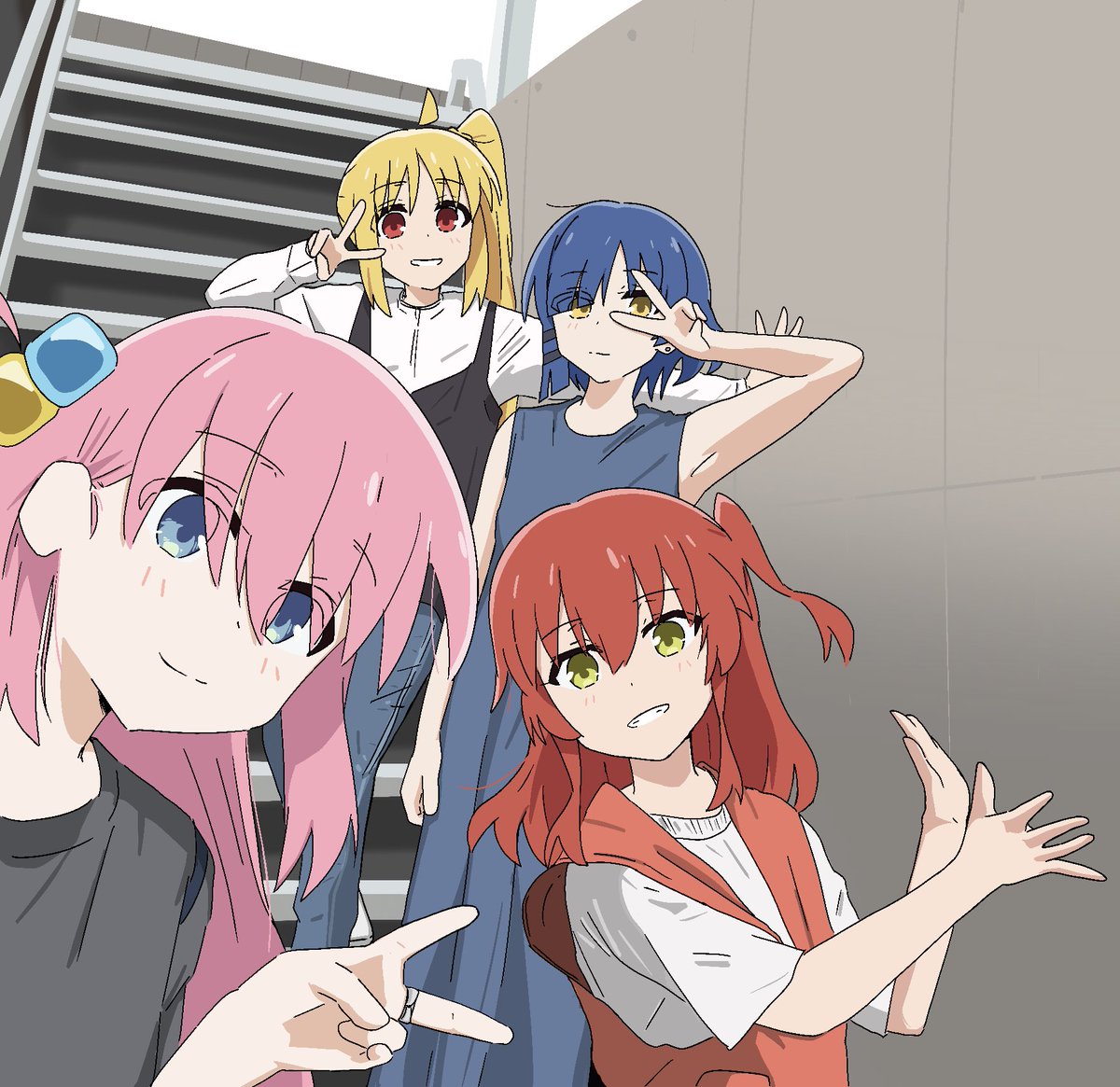 gotoh hitori ,gotou hitori ,ijichi nijika ,kita ikuyo ,yamada ryo 4girls multiple girls cube hair ornament blonde hair pink hair blue hair blue eyes  illustration images