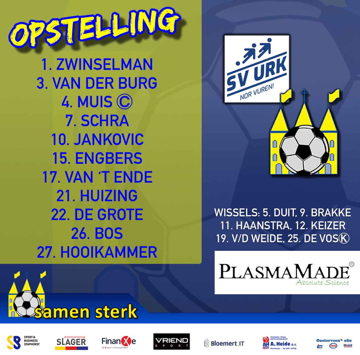 vvstaphorst's tweet photo. De opstelling van Staphorst vanmiddag tegen @SVURK 

Het is goed om te zien dat de ziekenboeg weer leegstroomt. 

Over een dik half uur trappen we af op De Vormt op Urk. 

#urksta #samensterk #kopdrveur #awaydays @sportstentorzwo https://t.co/x5xr8CbLuB