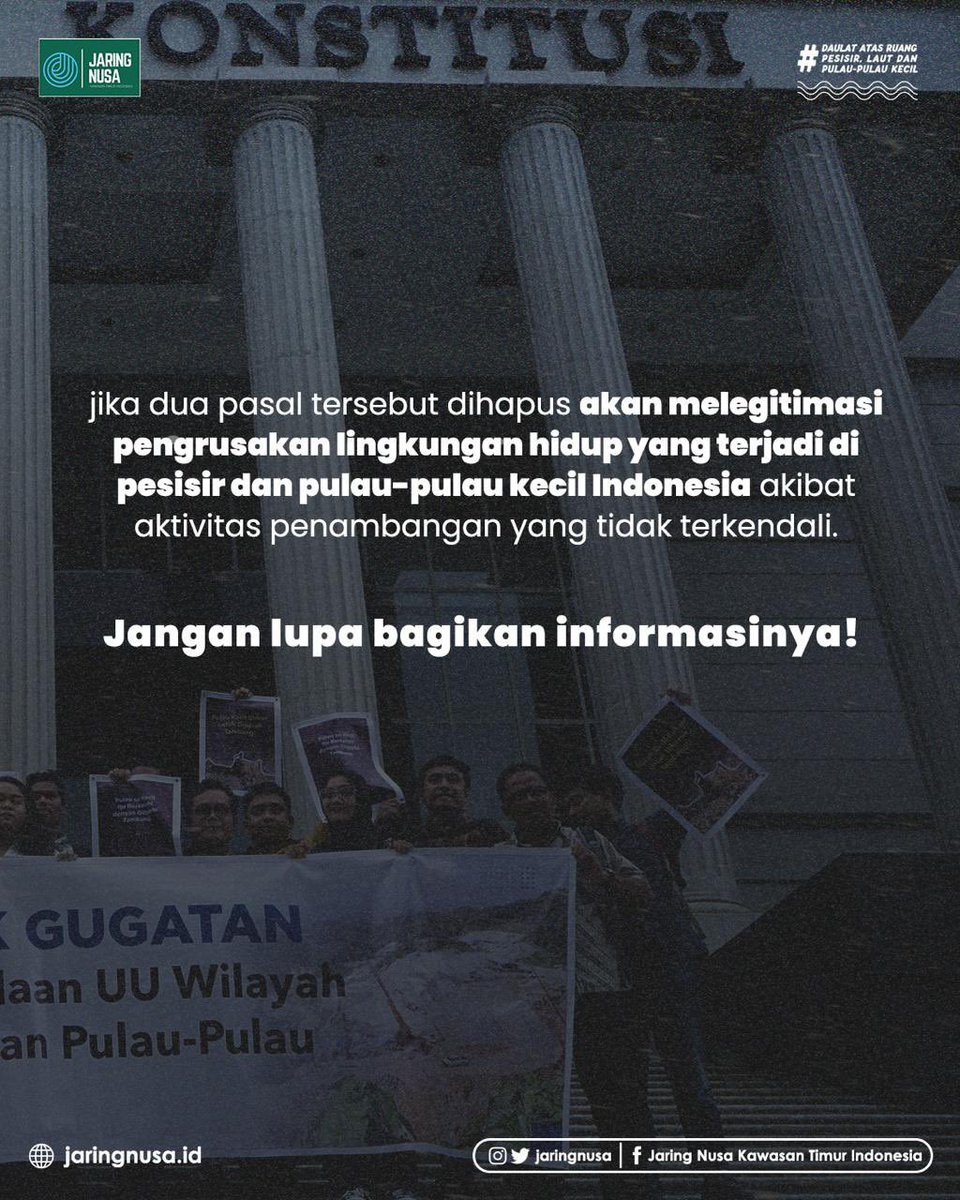 jaringnusa's tweet image. Koalisi untuk Perikanan dan Kelautan Berkelanjutan (KORAL) melakukan pengajuan permohonan Sahabat Pengadilan.

Seperti apa permohonan Judicial Review UU PWP3K yang diajukan?

Simak selengkapnya!

#nasibpesisir
#ancamanpulaupulaukecil
#koral
#negaramaritimindonesia