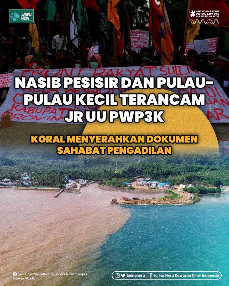 jaringnusa's tweet image. Koalisi untuk Perikanan dan Kelautan Berkelanjutan (KORAL) melakukan pengajuan permohonan Sahabat Pengadilan.

Seperti apa permohonan Judicial Review UU PWP3K yang diajukan?

Simak selengkapnya!

#nasibpesisir
#ancamanpulaupulaukecil
#koral
#negaramaritimindonesia