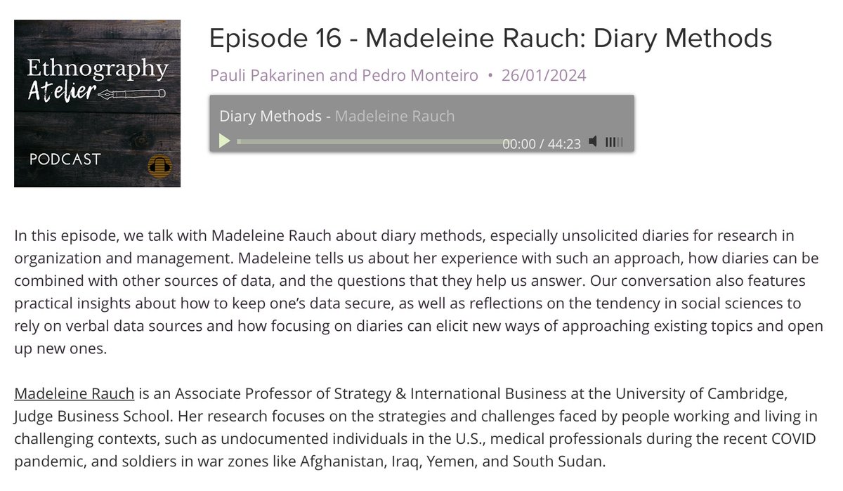 EthnoAt's tweet photo. New #podcast alert 🎙️
Madeleine Rauch @MadeleineRauch talks about #diarymethods, especially unsolicited diaries for research in #organization and #management 📔
https://t.co/OTw66GryuZ
Listen to it wherever you get your podcasts 💃🏿 https://t.co/34vbhYrayH