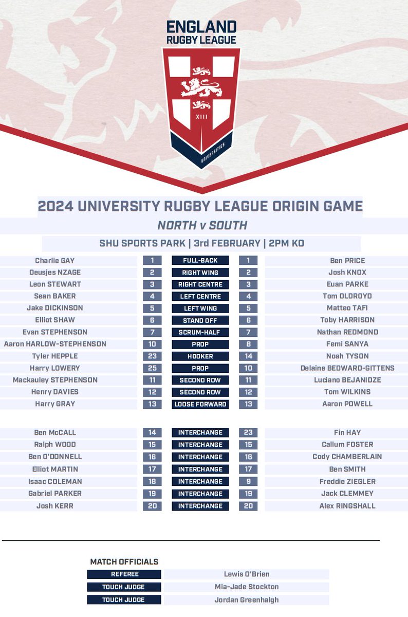 Team Sheet 🏴󠁧󠁢󠁥󠁮󠁧󠁿

The teams are in for this afternoon's <a href="/UniversityRL/">University RL</a> Origin game!

Kick off at 2pm - live updates right here!

#EnglandUnisRL