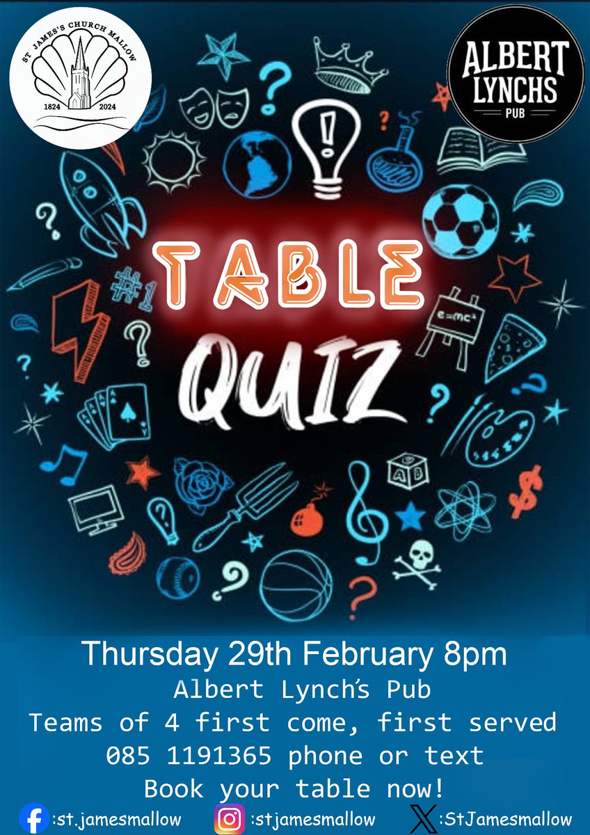 Please spread the word, like, share & tell everyone! #tablequiz #quiz #quiznight #prizes #funfacts #stjames #church #mallow #cork #ireland