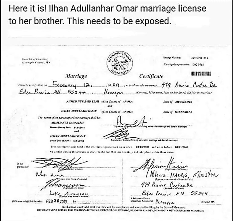 Ilhan Omar marriage licenses to her brother. Deport this traitor🇺🇸🇺🇸🇺🇸 #HIAW