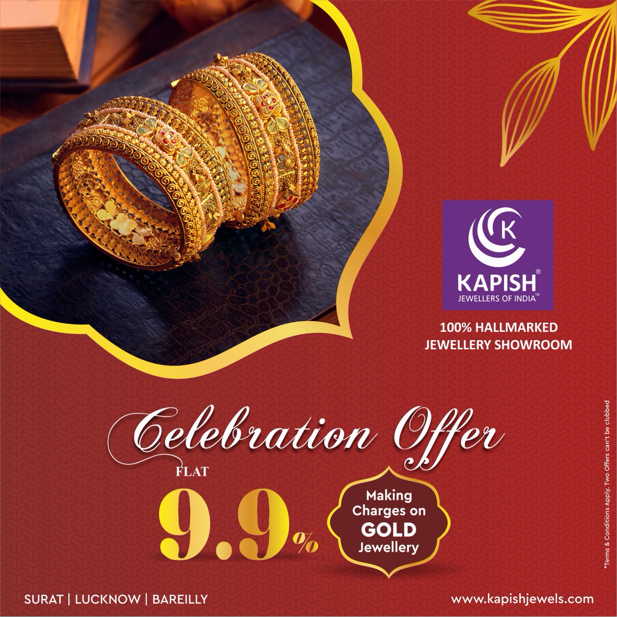 'Bangles Celebration Offer' Flat 9.9% Making Charges on Gold Jewellery. Book now....!!
Explore: -kapishjewels.com
Call Now: - 1800120404040
#bangles #bangle #fleecybangletea #banglebracelet #bangleset #goldbangles #silkthreadbangles #cartierbangle #banglestack