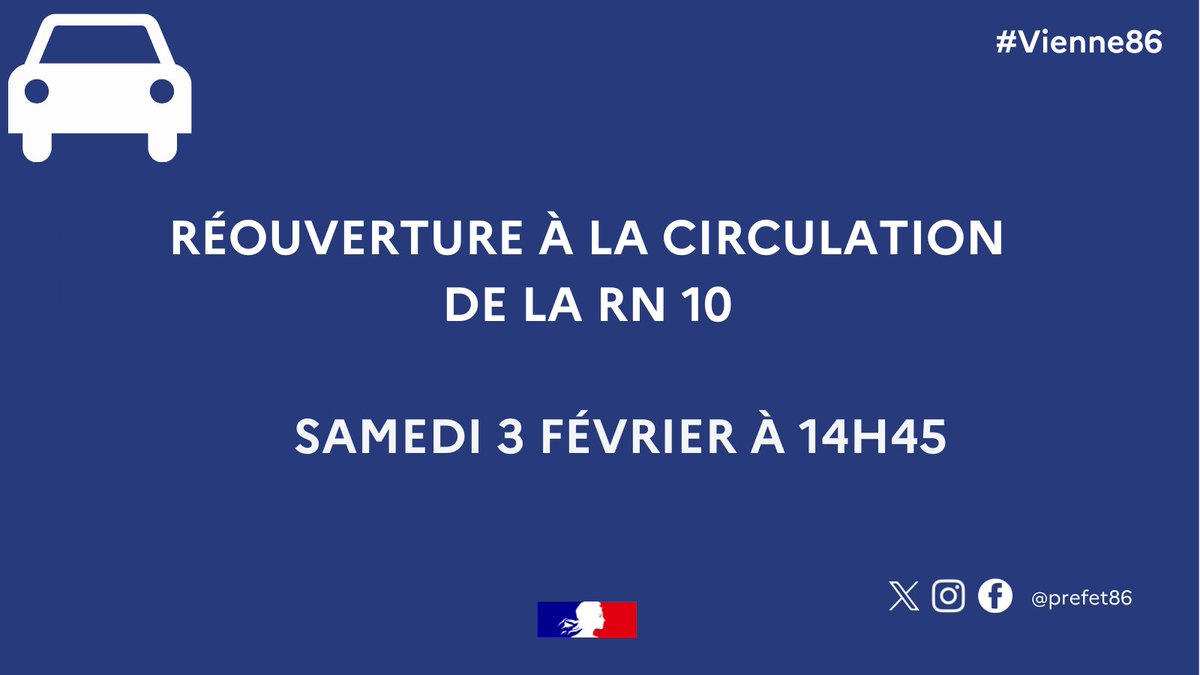 Samedi 3 février - 14h45
✅Fin de blocage de la nationale N10
🛣️Merci aux équipes de la direction des #routes atlantique pour leur #réactivité afin de procéder à la réouverture