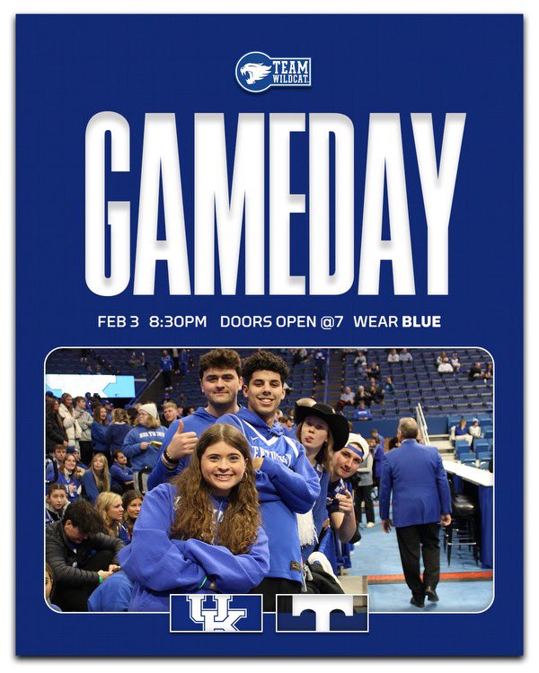 TeamWildcat's tweet photo. Rock your KENTUCKY BLUE tonight because it’s going to be a Blue out!🔵🔵🔵

#turnuprupp | #WeAreUK https://t.co/lbcDS40iIG