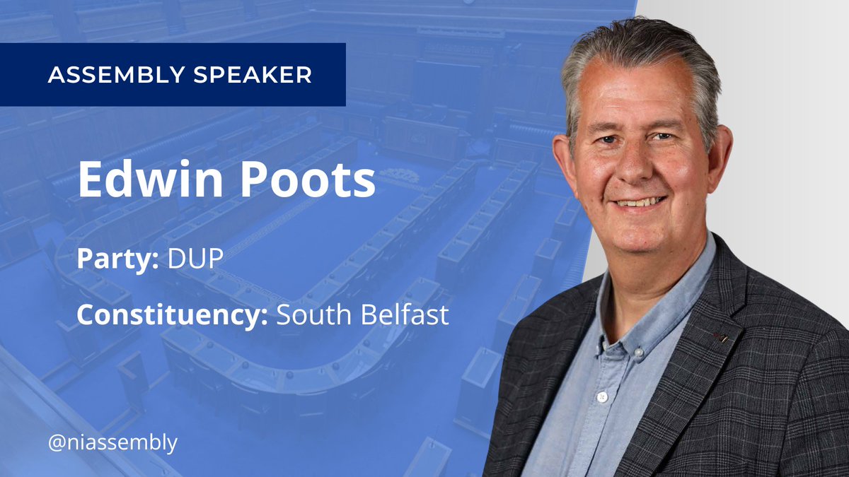 niassembly's tweet photo. The new Speaker is Edwin Poots MLA from the DUP. Mr Poots will now lead us to the next stage: electing Deputy Speakers. https://t.co/eGD8SvjeQm