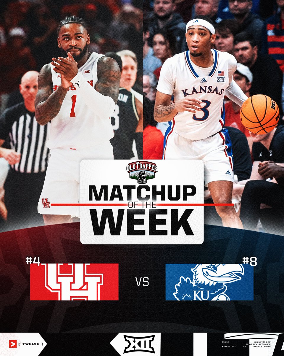 #Big12MBB Matchup of the Week presented by @OldTrapper 🏀 No. 4 @UHCougarMBK 🆚 No. 8 @KUHoops 🗓️ Saturday, February 3 ⏰ 3 p.m. CT 🗺️ Lawrence, KS 📺 ESPN