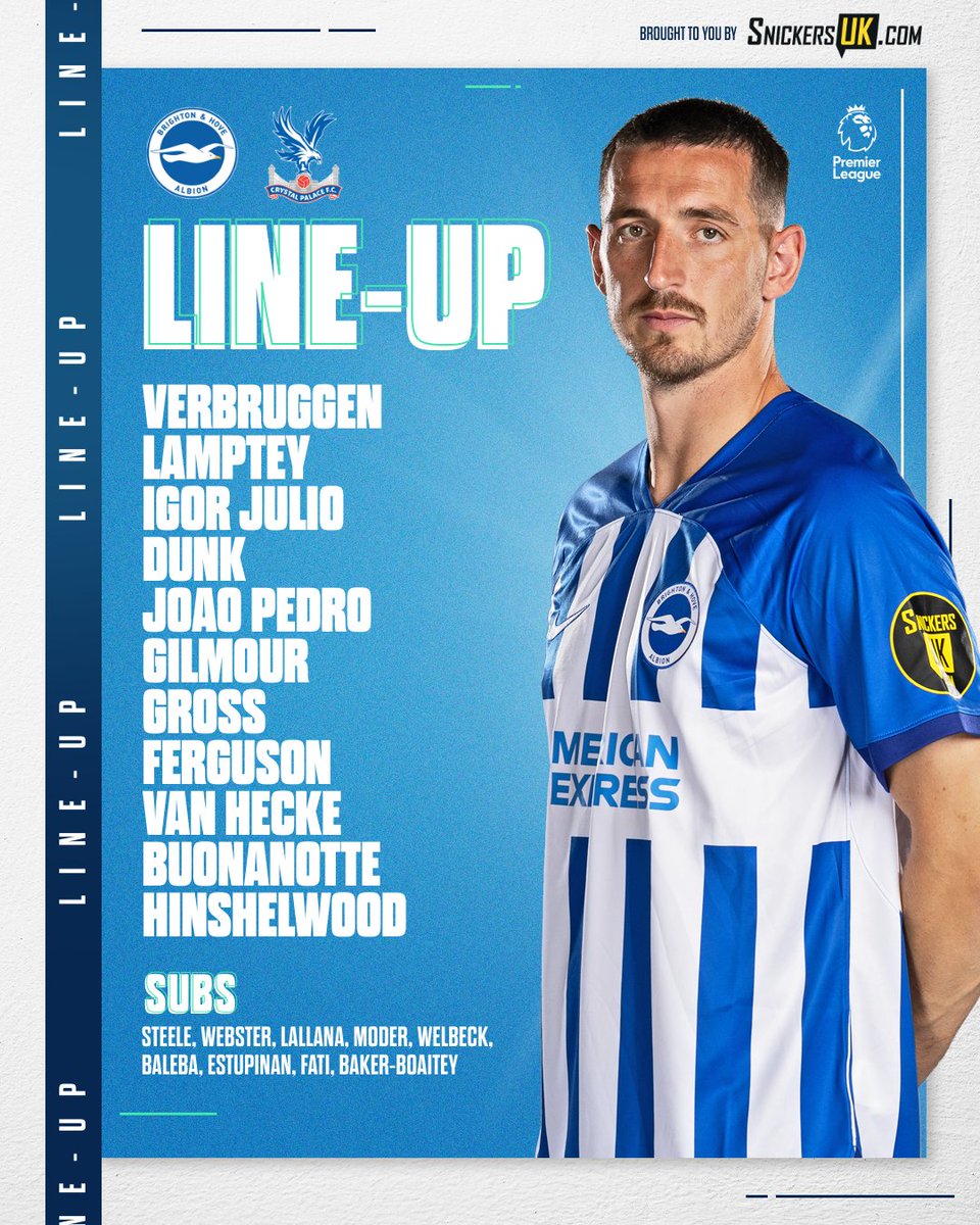 BHAFC's tweet photo. TEAM NEWS. 🚨 Here's our starting XI to face @CPFC in the @PremierLeague! 👀📝

📲 https://t.co/S3j1TIedJv // #BHAFC 🔵⚪️ https://t.co/r3MrQjTyrM