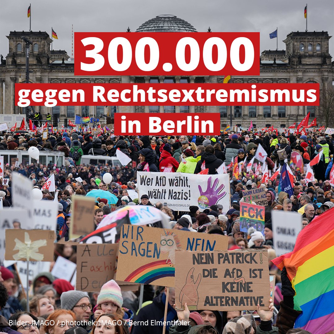 Was für Bilder! Ganz Berlin ist heute aufgestanden gegen die rechtsextreme #noafd. Danke an alle, die heute in der Hauptstadt und im ganzen Land lautstark für Solidarität und Menschlichkeit einstehen. Wir sind mehr. ❤️ #WirSindDieBrandmauer #b0302