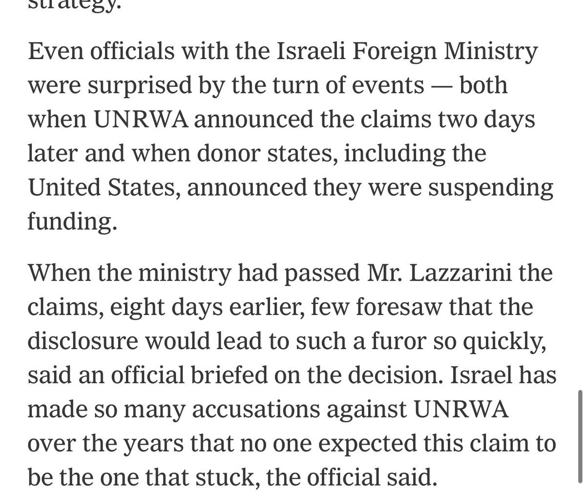 Really great piece in NYT this morning on UNRWA and their uncertain future. The most surprising revelations?

✅ Israel didn’t notify the US of UNRWA’s collaboration with terrorists. UNRWA itself did.
✅ Many in the Israel military oppose closing the agency in this moment,