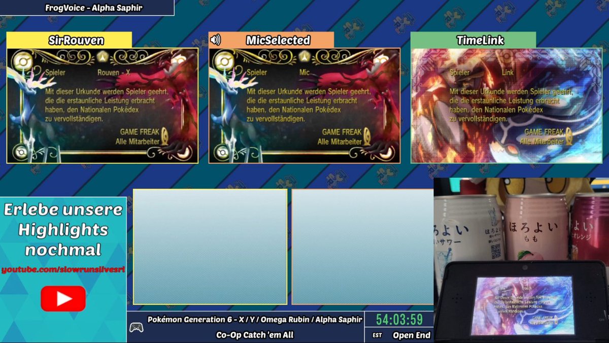 TimeLink7's tweet image. TIME!
@FrogVoice_ , @MicSelected, @SirRouven und ich haben über die letzten Wochen auf dem SRL-Kanal alle 706 erhältlichen Gen 6 Pokémon gefangen und unsere Dexe gefüllt und Diplom erhalten.
Vielen Dank an alle die mitgemacht haben und zugeschaut haben, es war ein tolles Projekt!