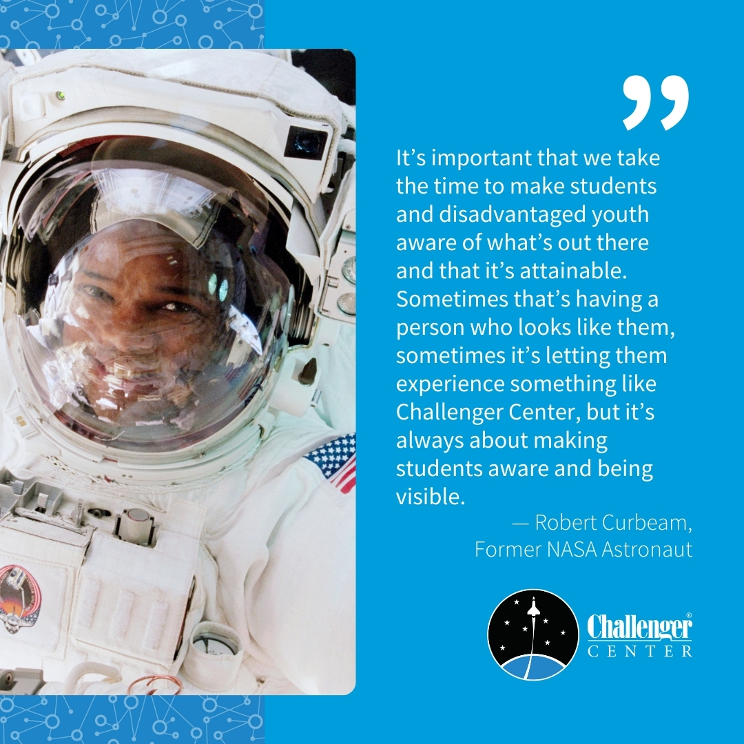 ChallengerCtr's tweet image. Reflecting on how society inspires the next gen of #STEM, we asked Former @NASA Astronaut Robert Curbeam, "As we think about communities of color, how can we make STEM fields more accessible to students?" bit.ly/3SsCf3Z #BlackHistoryMonth #BlackAndSTEM #STEMforKids