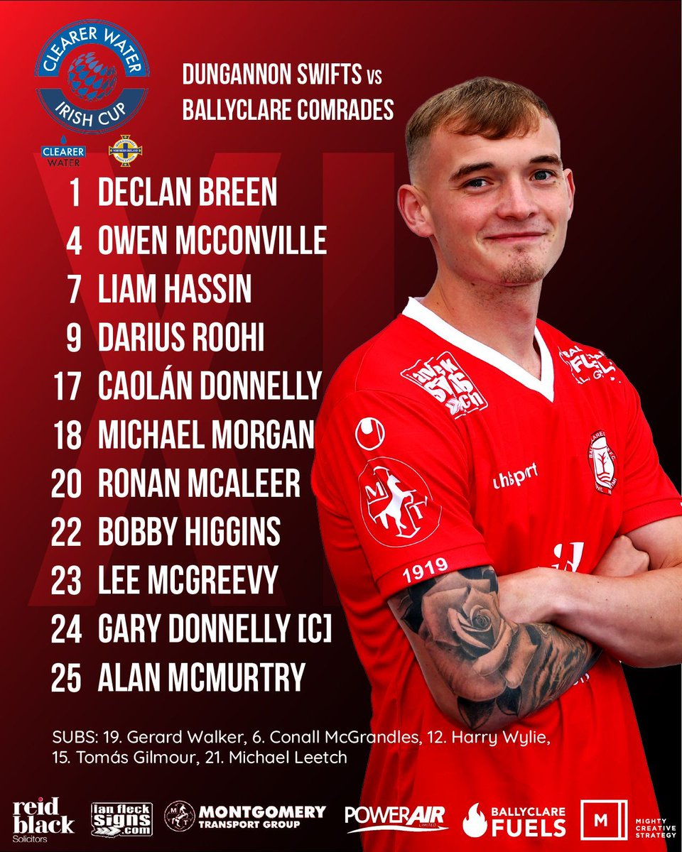 ⚽ Starting Team

Your Ballyclare Comrades line up for today's Clearer Water Irish Cup 6th Round tie against Dungannon Swifts.