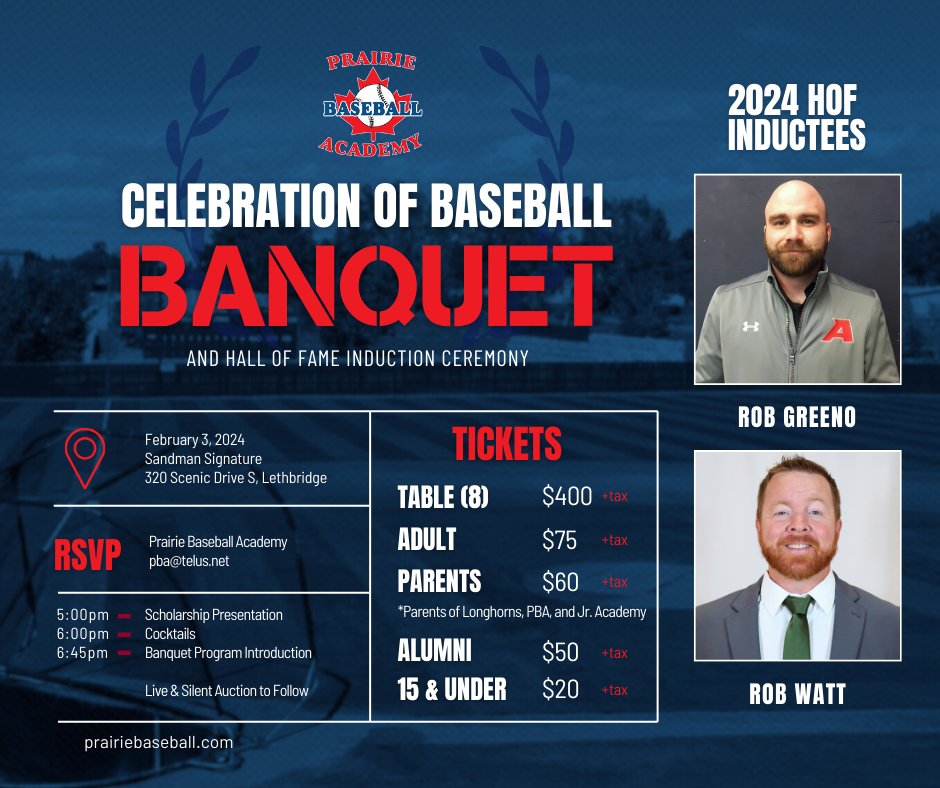 PrairieBaseball's tweet photo. Join us at 5pm TONIGHT at the Sandman Signature to celebrate our 2024 Hall of Fame Inductees and baseball in Lethbridge!
RSVP: pba@telus.net
https://t.co/dEx71JSmNU
#PrairieBaseballAcademy #PBALethbridge #PBAHallOfFame #PBABanquet #LethbridgeEvents #YQL https://t.co/foNiL3W8sF